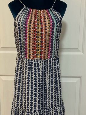 THML Navy Dot Midi Dress with Multicolor Smocked Bodice